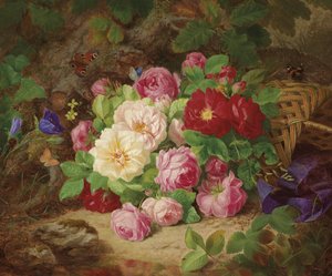 Rose Piece on Forest Floor with Butterflies, Basket and Blue Ribbon